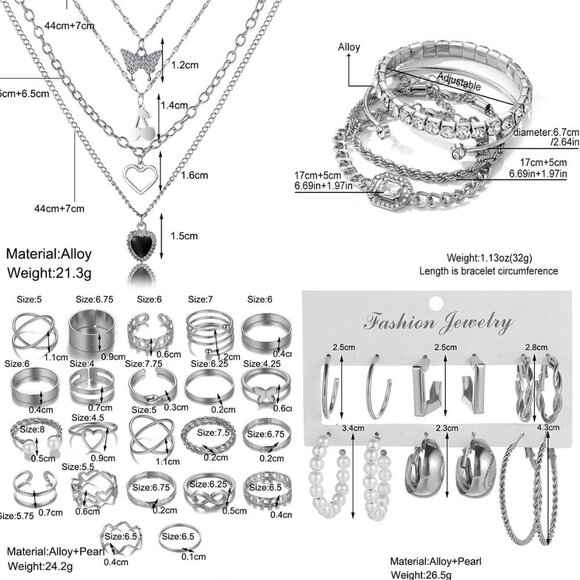 92 PCS Silver Plated Jewelry Set with Necklaces, Bracelets, Earrings, Rings - Picture 3 of 8